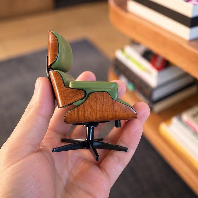 Mão segurando a miniatura da poltrona Eames com banqueta